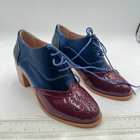 FOWT Blue Brown Perforated Lace-Up Oxfords Almond Toe Mid Chunky Heel Shoes - Picture 4 of 8